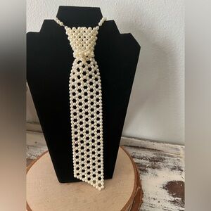 VTG Faux Pearl Beaded Neck Tie Necklace Hong Kong 12" Long Adjustable 8" Drop